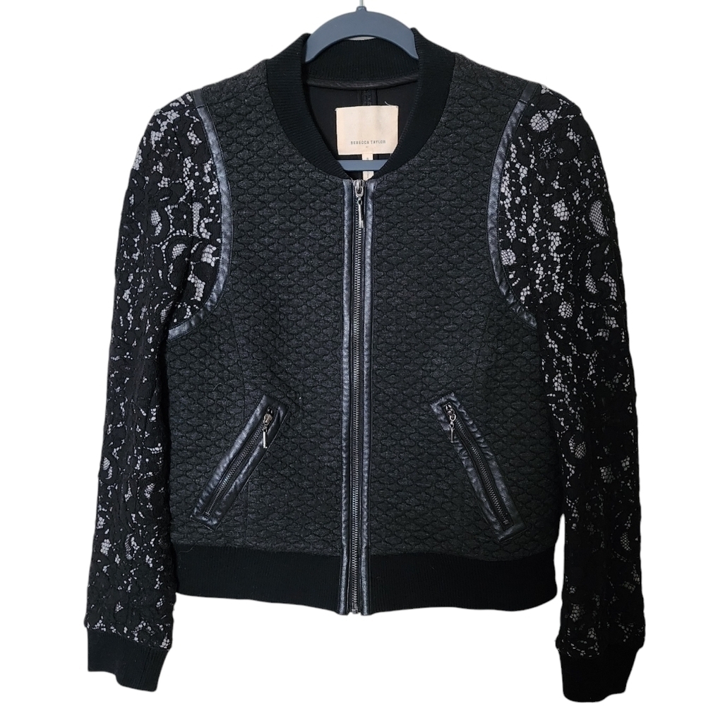 Rebecca Taylor Size 8 Black Quilted Lace Sleeve Bomber Jacket